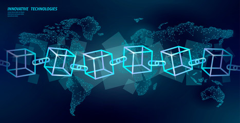Wall Mural - blockchain cube chain symbol square code. big data international flow. blue neon glowing planet eart
