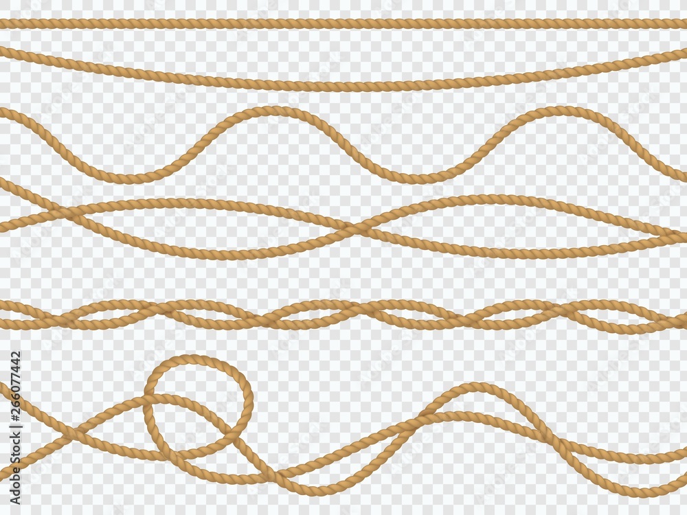 Realistic fiber ropes. Curve rope nautical cord straight lasso marine border brown jute twine natural tied packthread. Vector decor - obrazy, fototapety, plakaty 