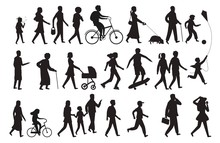 Walking Persons Silhouette. Group People Young Woman Lady And Child Walking Family Isolated Vector Black Set