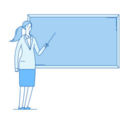 Sticker - Woman teacher. Young female professor teaching at blackboard in classroom school education vector line flat concept. Education school teacher, woman in classroom shows on chalkboard illustration