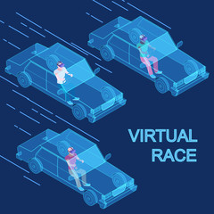 Sticker - Vector virtual reality race 3d isometric concept. Virtual game reality, car race play illustration