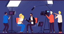 Studio Interview. Host Journalist Tv Broadcasting Camera Professional Crew Cameraman Television Interview Reporter Vector Concept. Newscaster News, Cameraman Studio, Television Journalist Illustration