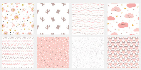 Set of cute abstract hand drawn pink seamless patterns Stripes flowers cloud cactus points vector background