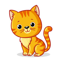 Ginger Kitten Sitting On A White Background. Cute Animal In Cartoon Style.