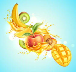 Wall Mural - Realistic tropical fruits in juice splash explosion. Vector fresh drink package design. Ripe kiwi, peach with green leaves, mango and banana in juicy motion. Multifruit drink advertising design.