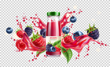 Realistic Forest Berries Juice Advertising Design With Blackberry, Blueberry And Raspberry In Juicy Splashing Liquid. Forest Mix Splash For Natural Healthy Product Package Design. Vector Illustration