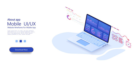 Fototapete - laptop with business graph and analytics data on isometric laptop . Analysis trends and financial strategy by using infographic chart. Online statistics and data Analytics. Vector 
