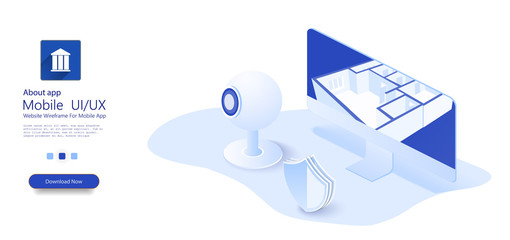 Leinwandbilder - Remote surveillance of the house through the camera. Smart home connection and control with devices through home network. Home protection wireless system. Isometric vector illustration.