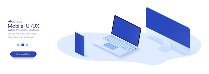 Leinwandbilder - Modern set device. Smartphone, laptop, pc. Smart digital devices such as phone ,laptop, computer . 3d isometric vector illustration on dark blue background. 