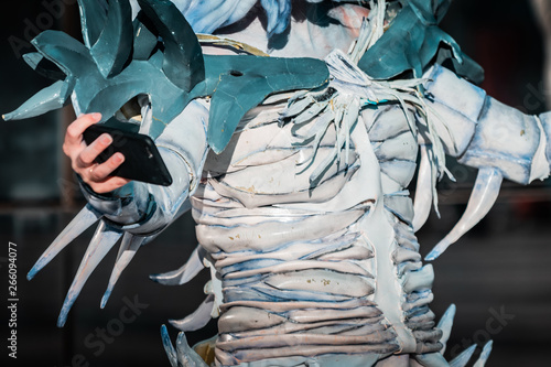 Zombie Selfie White Snowy Dead Queen Costume Cosplayer Girl Holding A Smartphone Towards Herself Natural Day Light Golden Hour Macro Shot Street Life And Fantasy Concept Buy This Stock Photo And