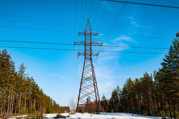 electrical high voltage power line in the forest landscape