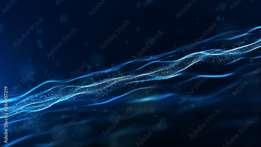 Abstract blue color digital particles wave with bokeh and light ...