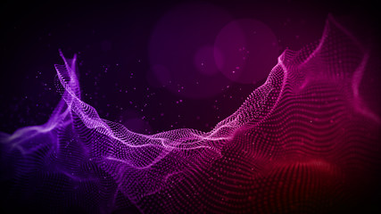 Abstract purple color digital particles wave with bokeh and light background