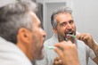 © cherryandbees - middle aged bearded gray haired man brushing teeth in bathroom