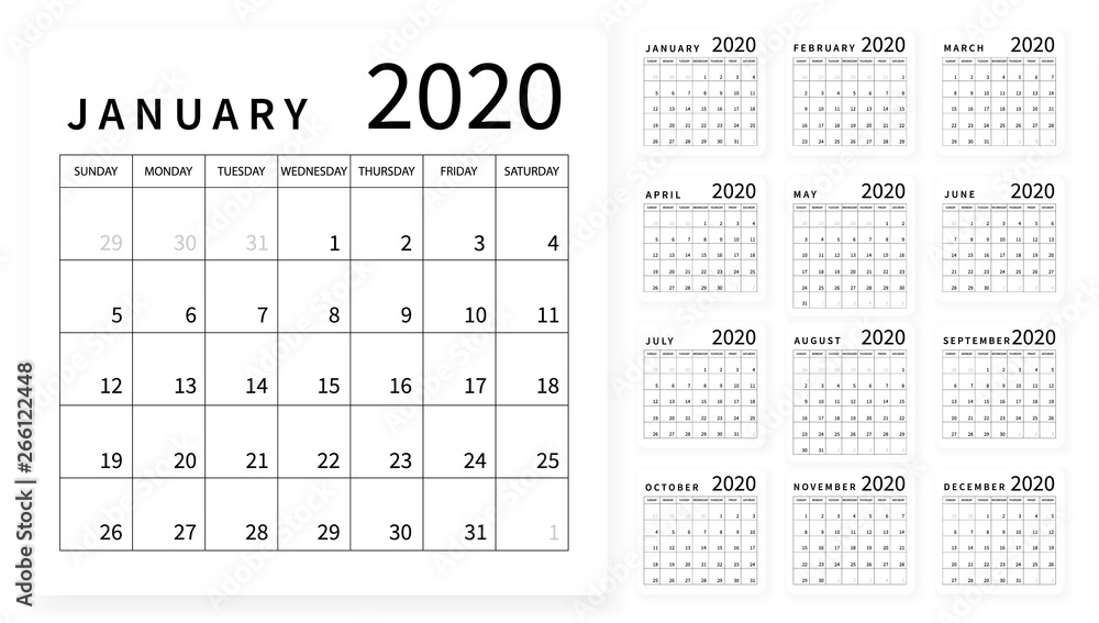 Mockup Simple calendar Layout for 2020 year. Week starts from Sunday - obrazy, fototapety, plakaty 