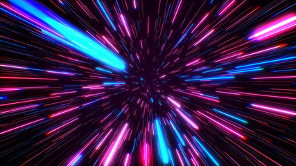 Wall Mural - Hyperspace jump through the stars to a distant space. Speed of light, neon glowing rays in motion. Lightspeed space journey through time continuum. Warp journey in wormhole 3D illustration