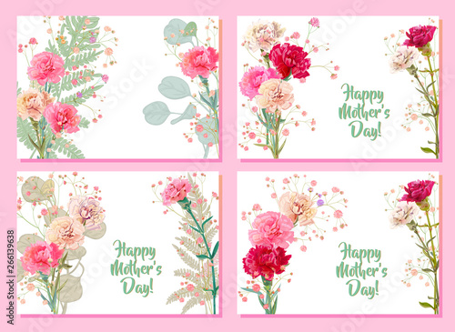 Set horizontal Mother's Day cards with carnation: red, pink, white flowers, t...