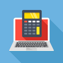 Laptop With Calculator On Screen. Flat Design. Vector Illustration