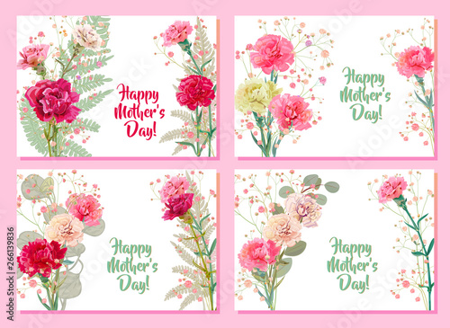 Set horizontal Mother's Day cards with carnation: red, pink, white flowers, t...