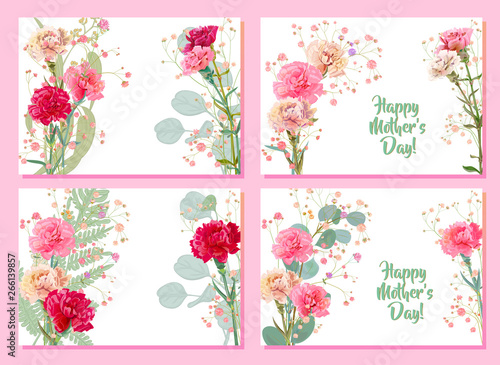 Set horizontal Mother's Day cards with carnation: red, pink, white flowers, t...