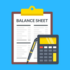 Wall Mural - Balance sheet, calculator and pen. Flat design. Vector illustration