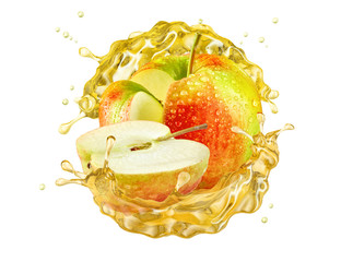 Canvas Print - Fresh ripe apple, apple slice and juice or cider vinegar splash swirl. Fruit drink liquid design element. Tasty apples fruit juice splashing isolated, healthy diet concept. 3D render