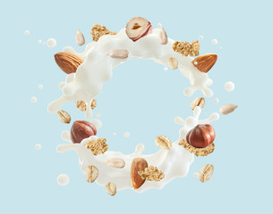 Wall Mural - Fresh milk or yogurt splash swirl with cereals, hazelnuts, almonds, cornflakes isolated. Healthy breakfast meal with milk, cream, yogurt, muesli spiral. Liquid  splash design. 3D render