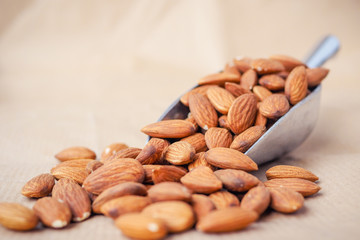 Wall Mural - Raw almonds in a metal scoop