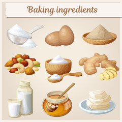 Baking ingredients cartoon vector icons set. Collection of cooking illustrations eggs, nuts, yeast, sugar, milk, powder, honey,