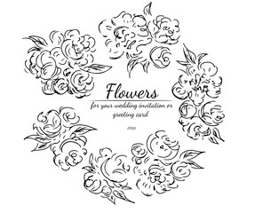 Wreath of roses or peonies flowers and branches isolated on white background. Foral frame design elements for invitations, greeting cards, posters. Hand drawn vector illustration. Line art. Sketch