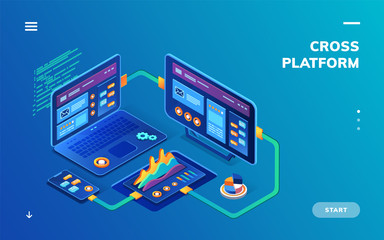 Isometric notebook and smartphone, tablet for data analytics and cloud computing. Cross platform for digital business. Background for cross-platform application with graphs. SaaS, IaaS banner