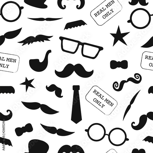 Vector Seamless Pattern Of Photo Booth Props Repeating Background Of Moustache Glasses Pipe Hat Bow Tie For Holiday Or Party Moustache Season Backdrop Real Men Background For Father S Day Stock Vector