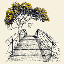 Wooden Bridge Arch, Blooming Tree In The Background Hand Drawing Vector