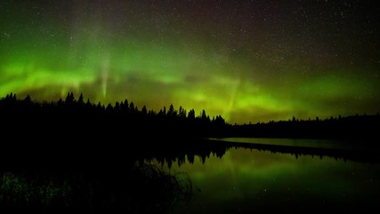 Wall Mural - time-lapse video of bright green northern lights (aurora) reflecting in a canadian lake with spikes 