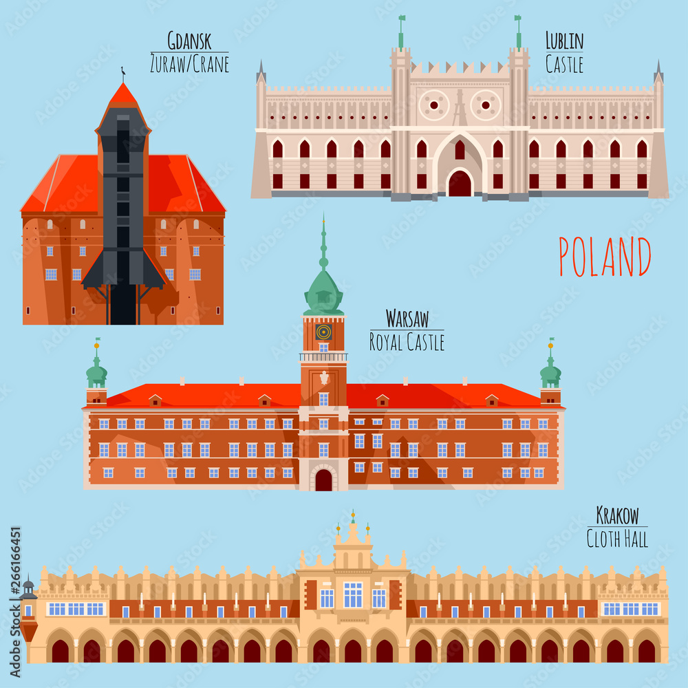 Sights of Poland. Krakow, Cloth Hall, Lublin, Castle, Gdansk, Crane, Warsaw, Royal Castle. - obrazy, fototapety, plakaty 