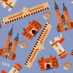 Sights of Krakow, Poland. Cloth Hall, St. Florian’s Gate, St. Mary’s Basilica, Barbican. Seamless background pattern.