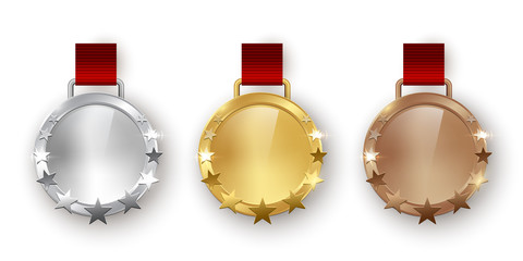Wall Mural - award golden, silver and bronze medals with ribbons 3d realistic vector color illustration on white 