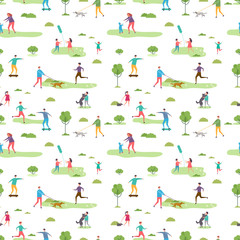 Sticker - Outdoor activity seamless pattern. Cartoon characters walking peoples and kids vector illustration. Outdoor walk people in park seamless background