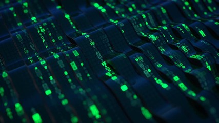 Green HEX digital data code on flexible screen. Futuristic information technologies or computer science concept. Seamless loop 3D render animation with DOF