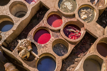 colorful tanks at leather tannery in Fez, Morocco