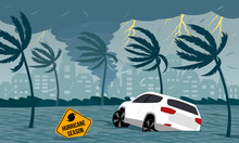 Tornado Hurricane Florence, Emerging From The Ocean. Flooding The City And Cars. Car Accident. A Tropical Catastrophe And A Sign Of Disaster. Flat Vector