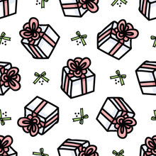 Cute Red Present Box Cartoon Seamless Vector Pattern. Hand Drawn Birthday Gift Wrapping Ribbon. Pastel Christmas Party Tile. Decorative Suprise Repeating Fill.