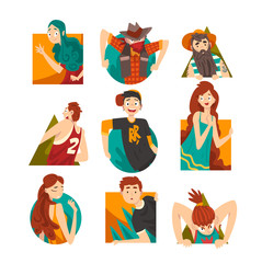 Sticker - Collection of Cheerful People Looking Out Geometric Shapes Cartoon Vector Illustration