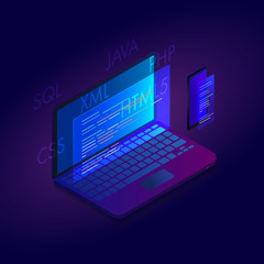 Web Development isometric modern flat design. Software developer concept icon with Laptop and phone code interface on the screen. Template for website, landing pages and mobile site
