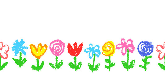 floral simple seamless pattern, border, header or frame. like kid`s hand drawn crayon multicolor cut