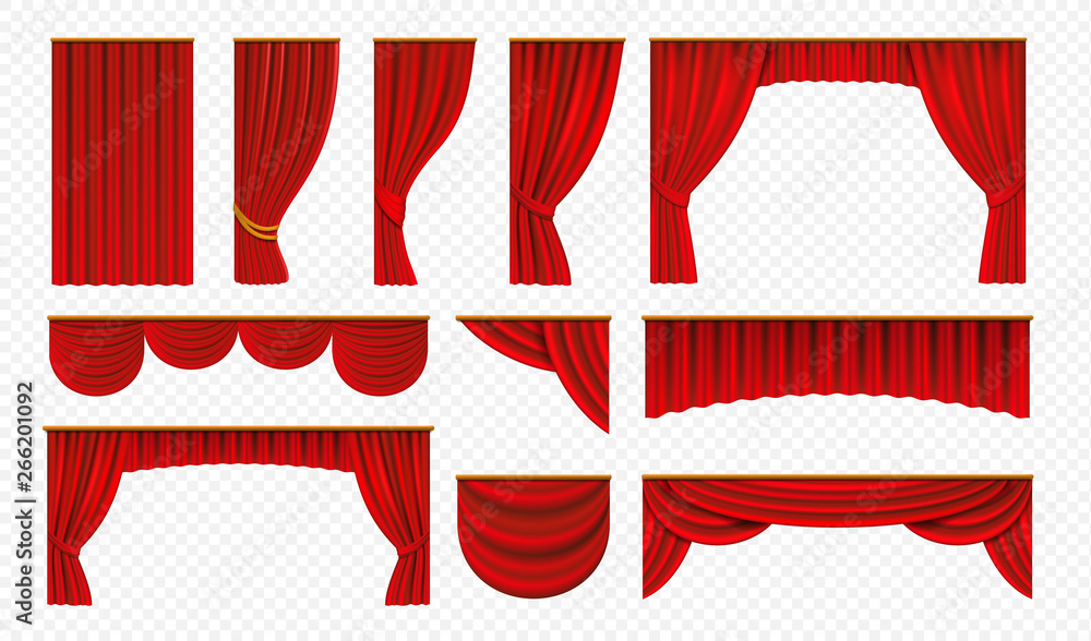 Realistic red curtains. Theater stage drapery, luxury wedding cover decoration, theatrical borders. Vector opera silk or velvet isolated on white - obrazy, fototapety, plakaty 