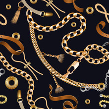 Chains And Braids Seamless Pattern. Golden Embroidery And Ornamental Wallpaper With Leather Belt. Vector Realistic Buckles Furniture Repeating Illustration