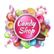 Candies Background. Realistic Sweets And Desserts Frame With Text, Colorful Toffees Lollipops And Caramel Bonbon. Vector Isolated Sweets Set
