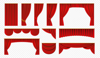 Realistic red curtains. Theater stage drapery, luxury wedding cover decoration, theatrical borders. Vector opera silk or velvet isolated on white