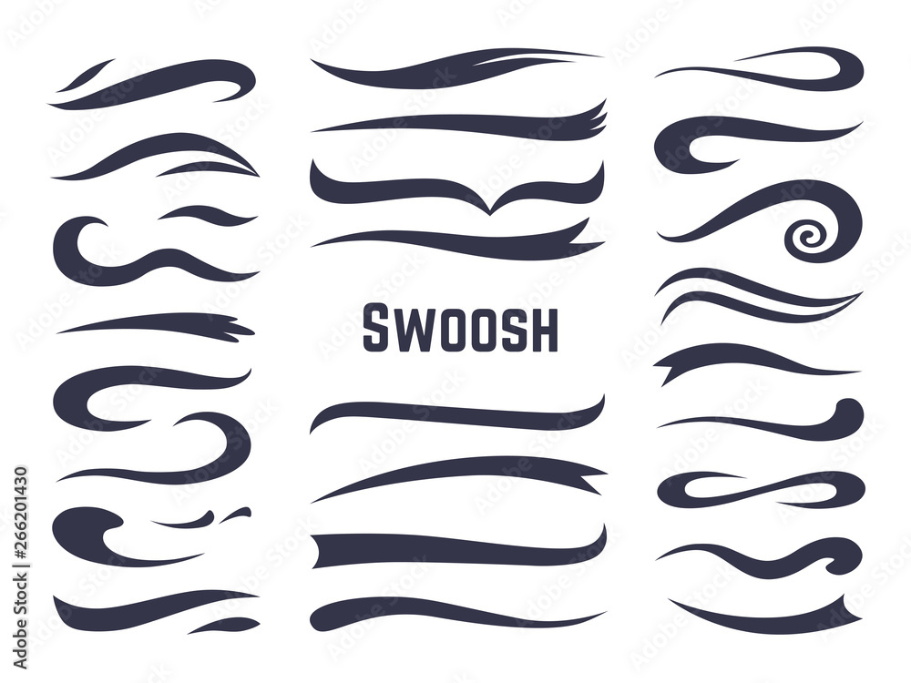 Swooshes and swashes. Underline swish tails for sport text logos, swirl calligraphic font line decoration element. Vector swash style set - obrazy, fototapety, plakaty 